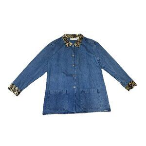 Womens Denim Jacket Animal Print Trim Chore Coat Pockets Western Outdoor MED